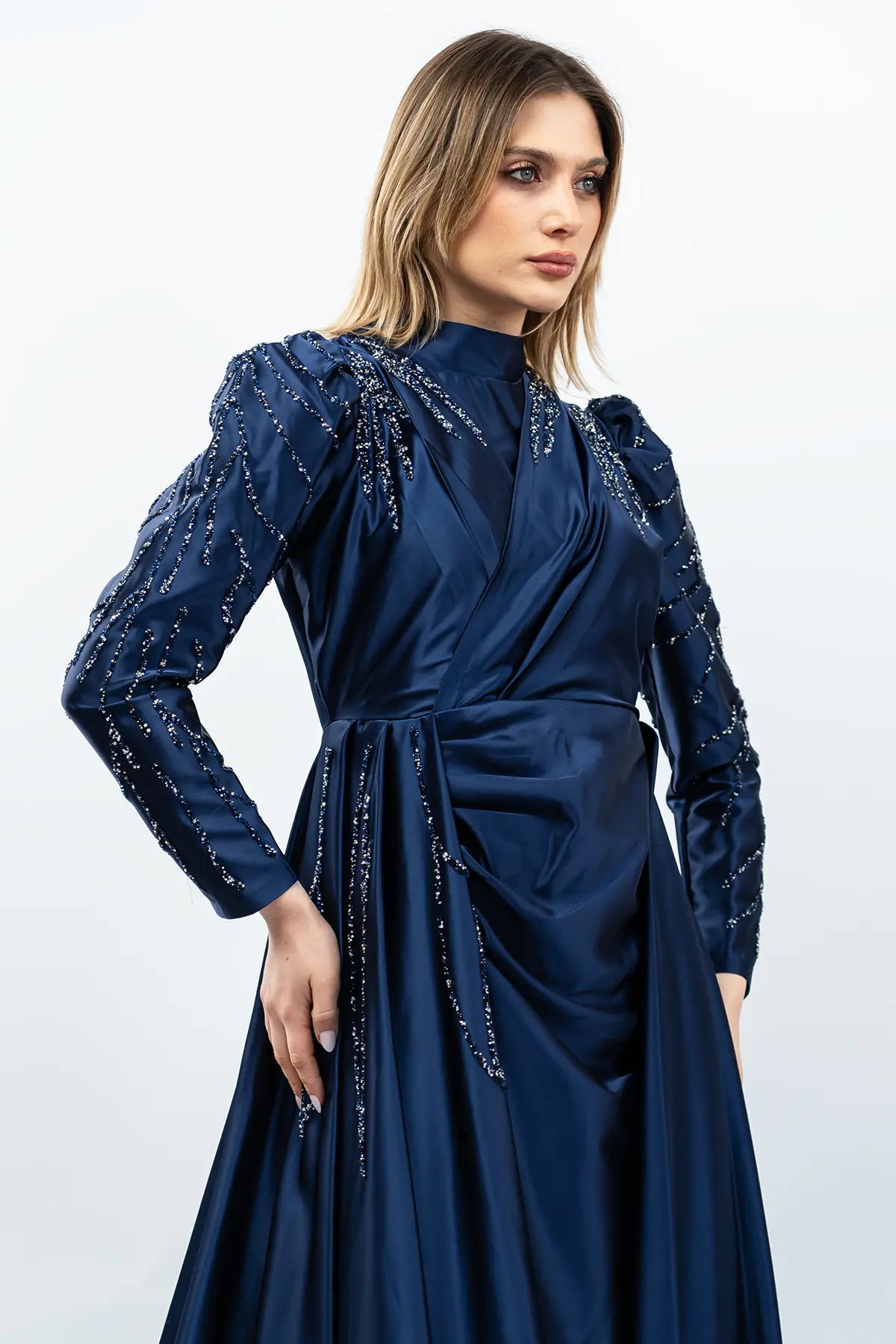 Stone Embellished Satin Evening Dress, view 3