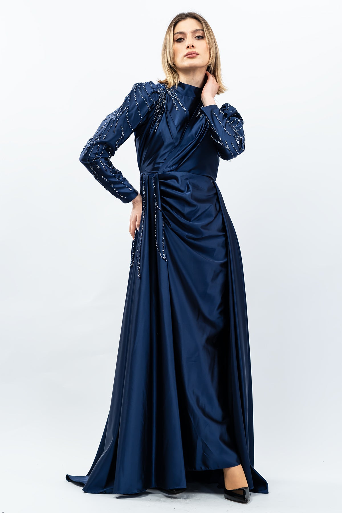 Stone Embellished Satin Evening Dress, view 4