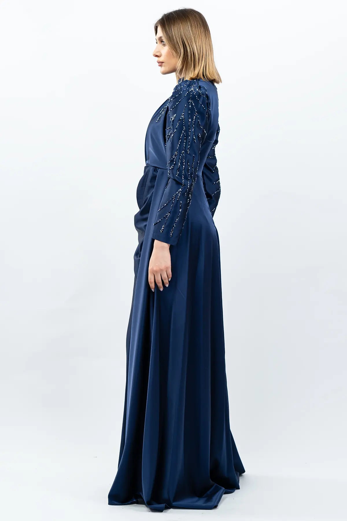 Stone Embellished Satin Evening Dress, view 5