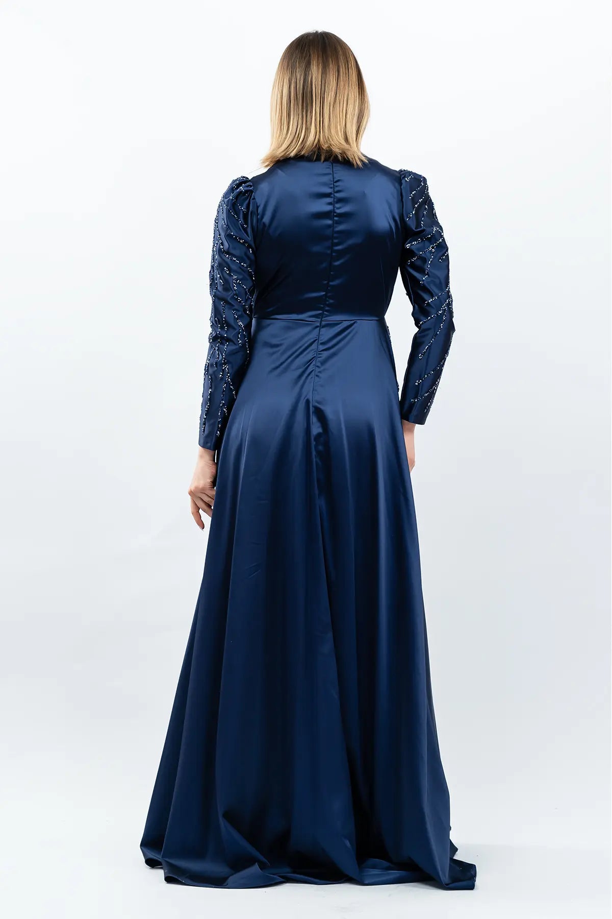Stone Embellished Satin Evening Dress, view 6