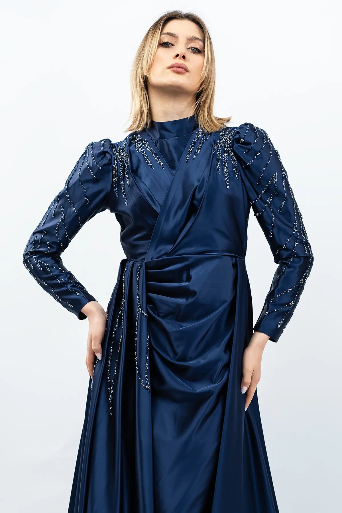 Stone Embellished Satin Evening Dress, view 7