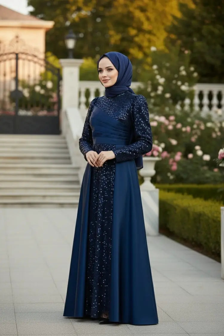Sequined Draped Satin Evening Dress, view 2