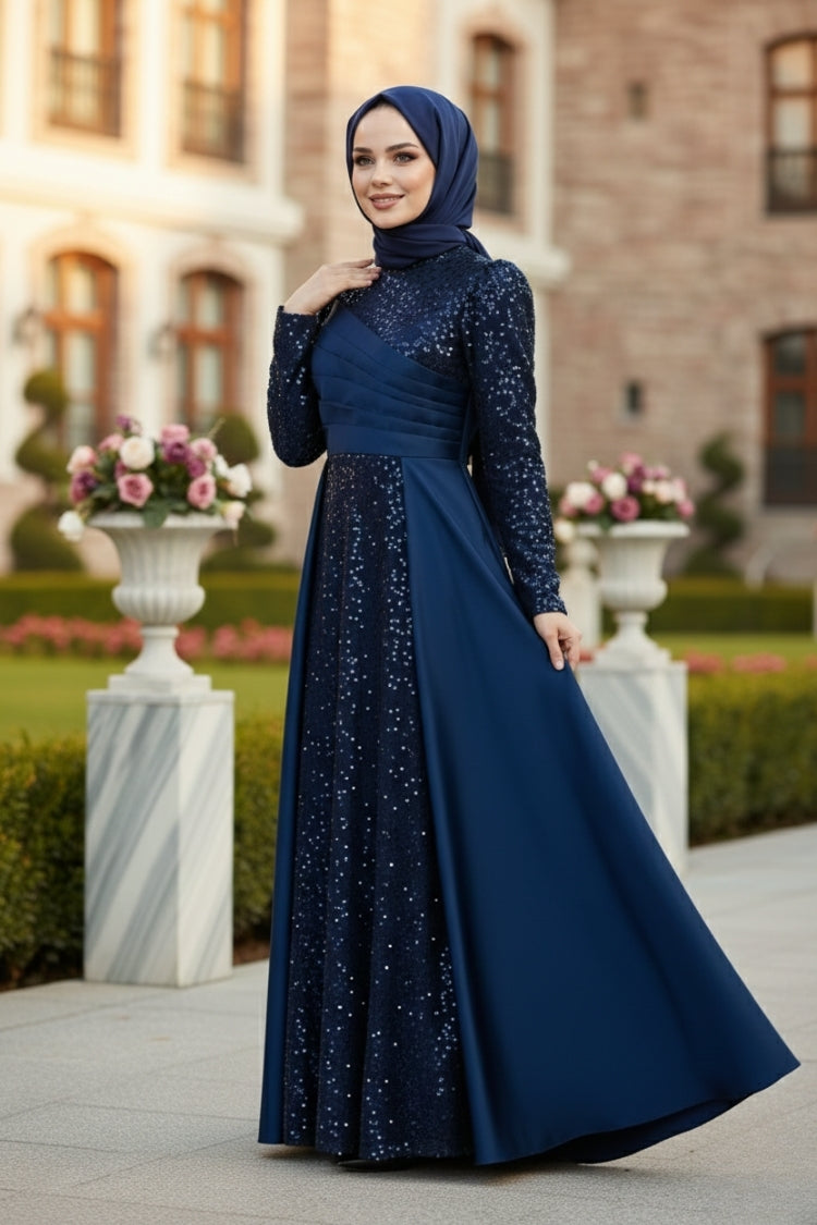 Sequined Draped Satin Evening Dress, view 4