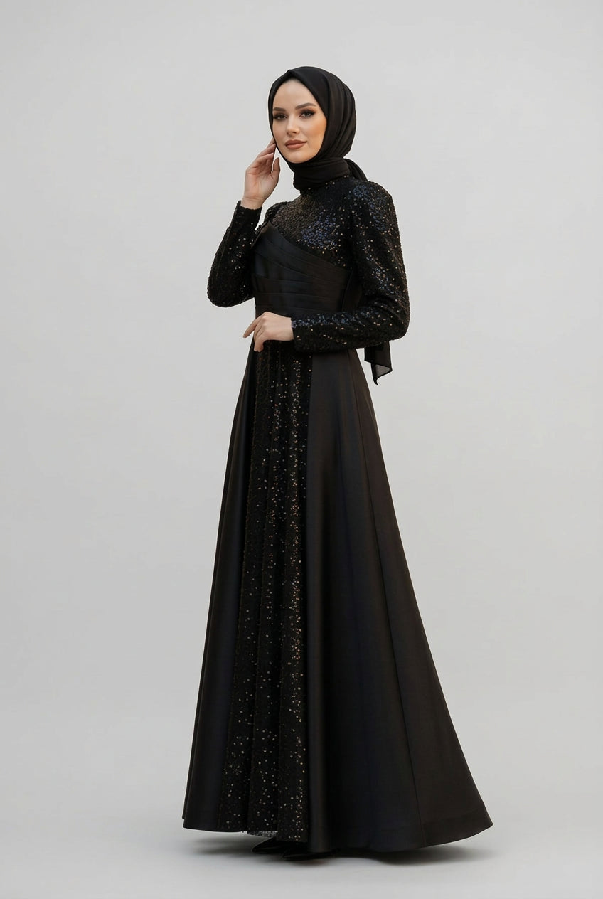 Sequined Draped Satin Evening Dress, view 2