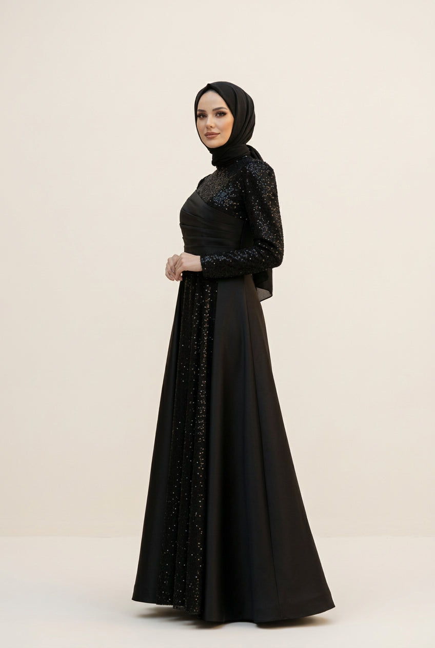 Sequined Draped Satin Evening Dress, view 3