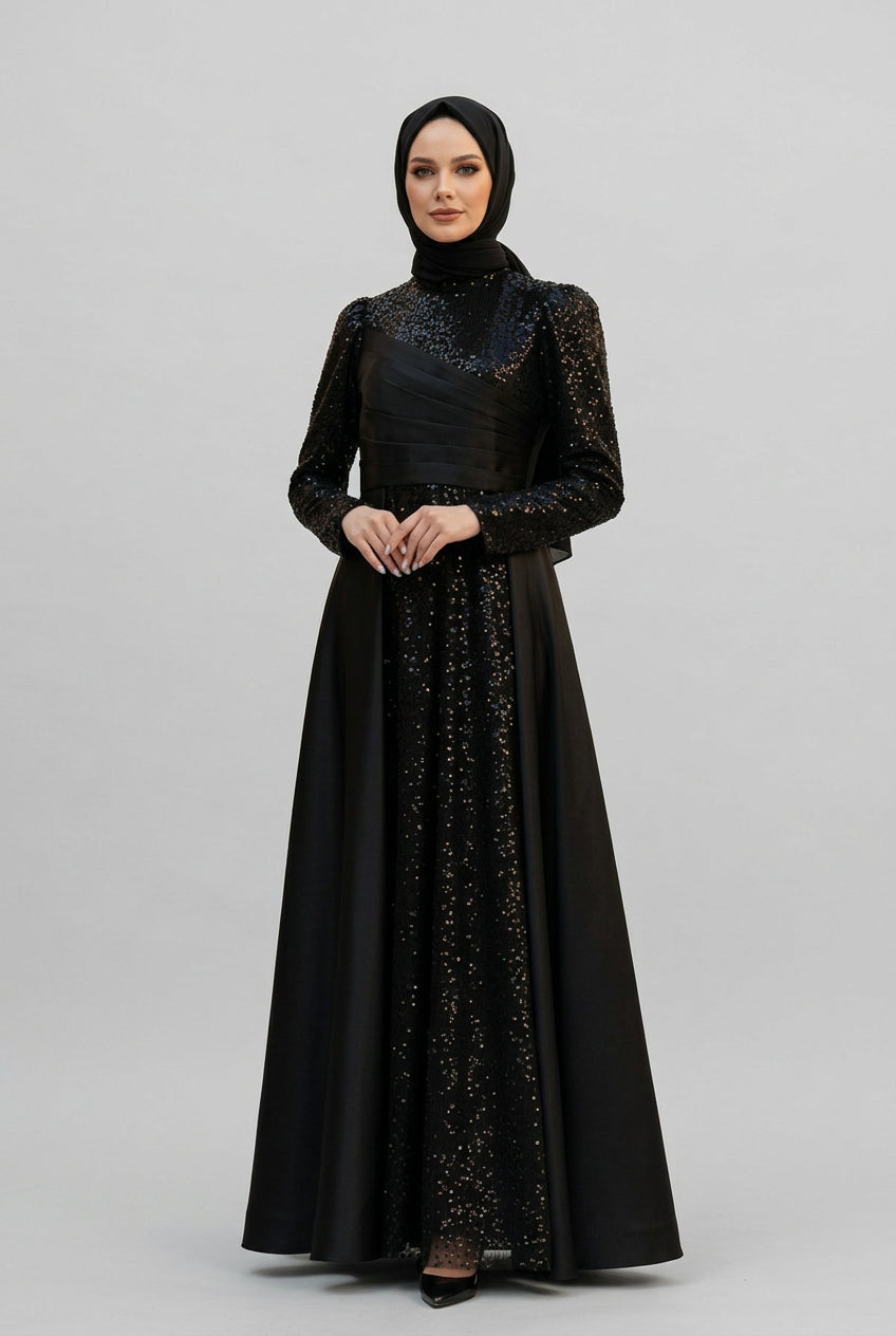 Sequined Draped Satin Evening Dress, view 4