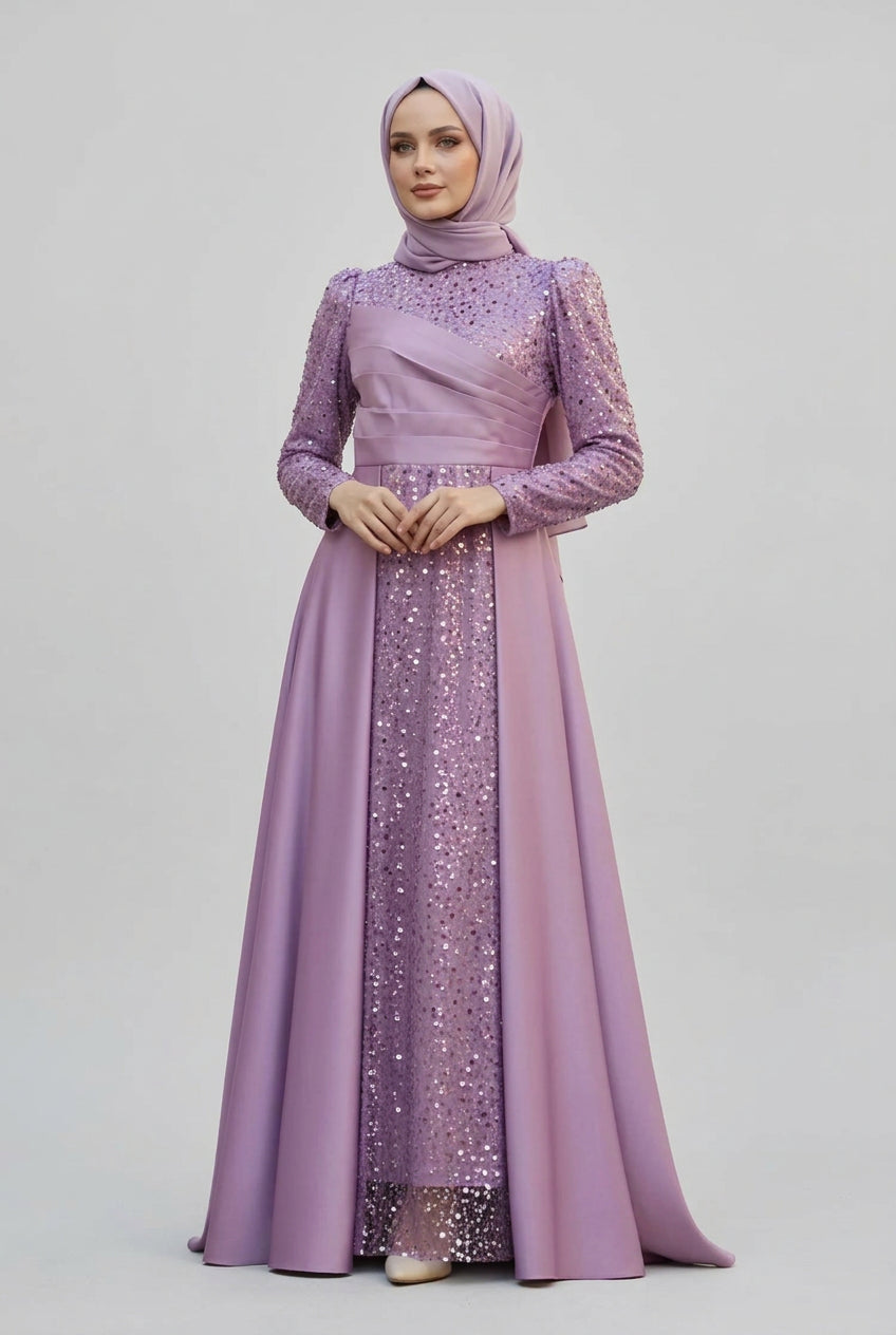 Sequined Draped Satin Evening Dress, view 2