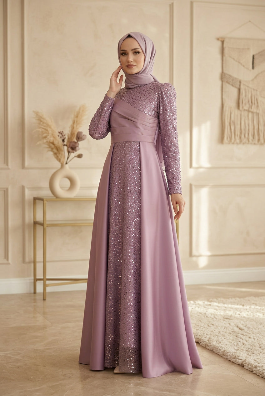 Sequined Draped Satin Evening Dress, view 4