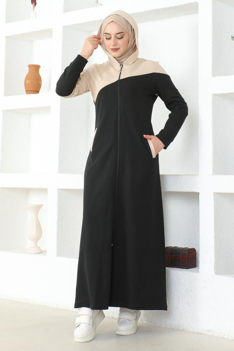 Women's Hooded Sports Abaya-Black, view 2