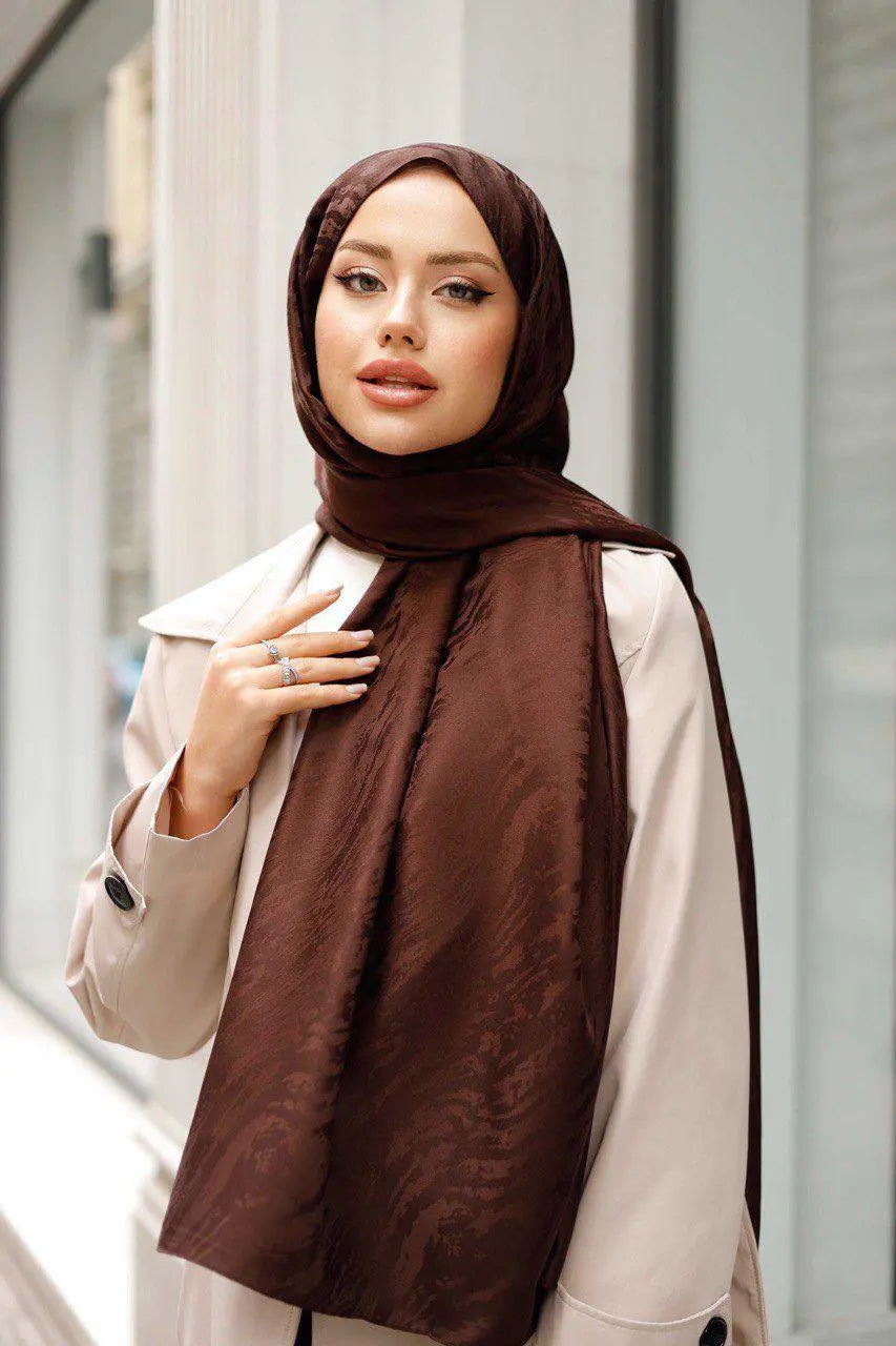 Patterned Silky Jacquard Shawl |Brown, view 3