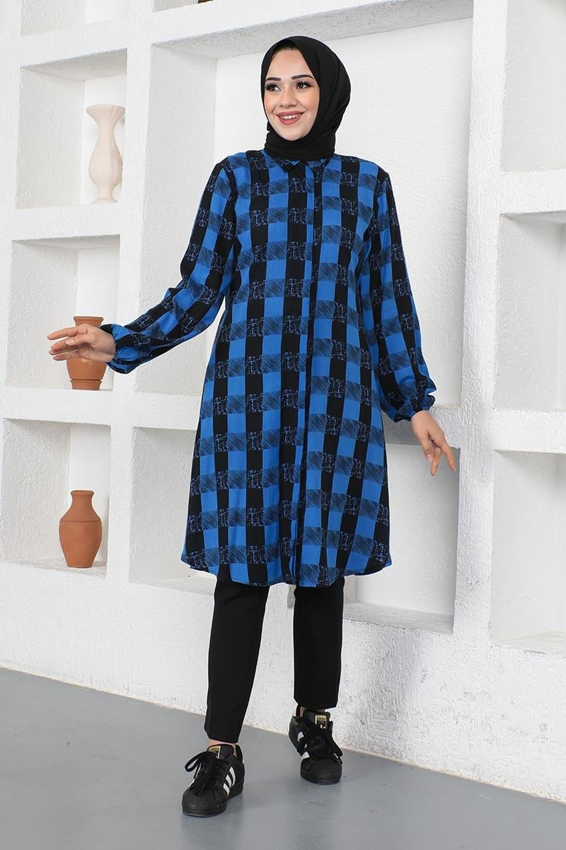 Plaid Viscose Modest Tunic-Saxe Blue, view 2