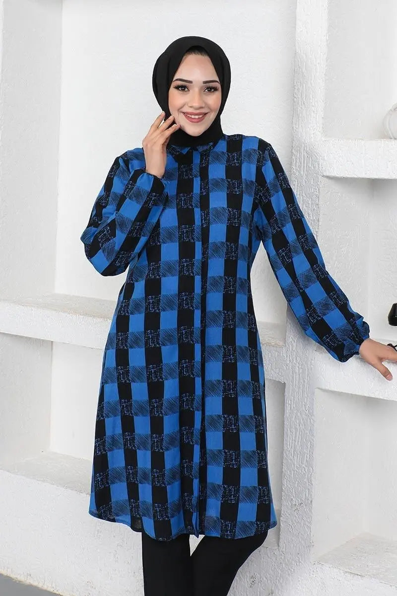Plaid Viscose Modest Tunic-Saxe Blue, view 3