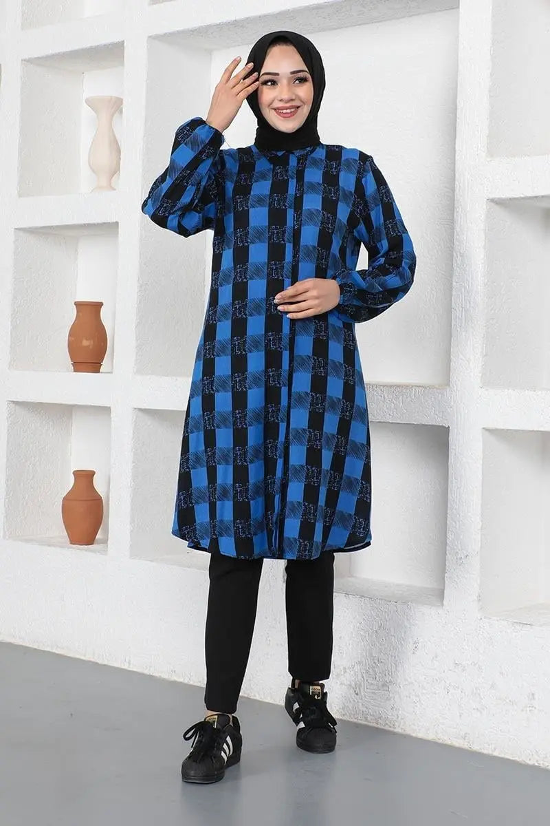 Plaid Viscose Modest Tunic-Saxe Blue, view 4