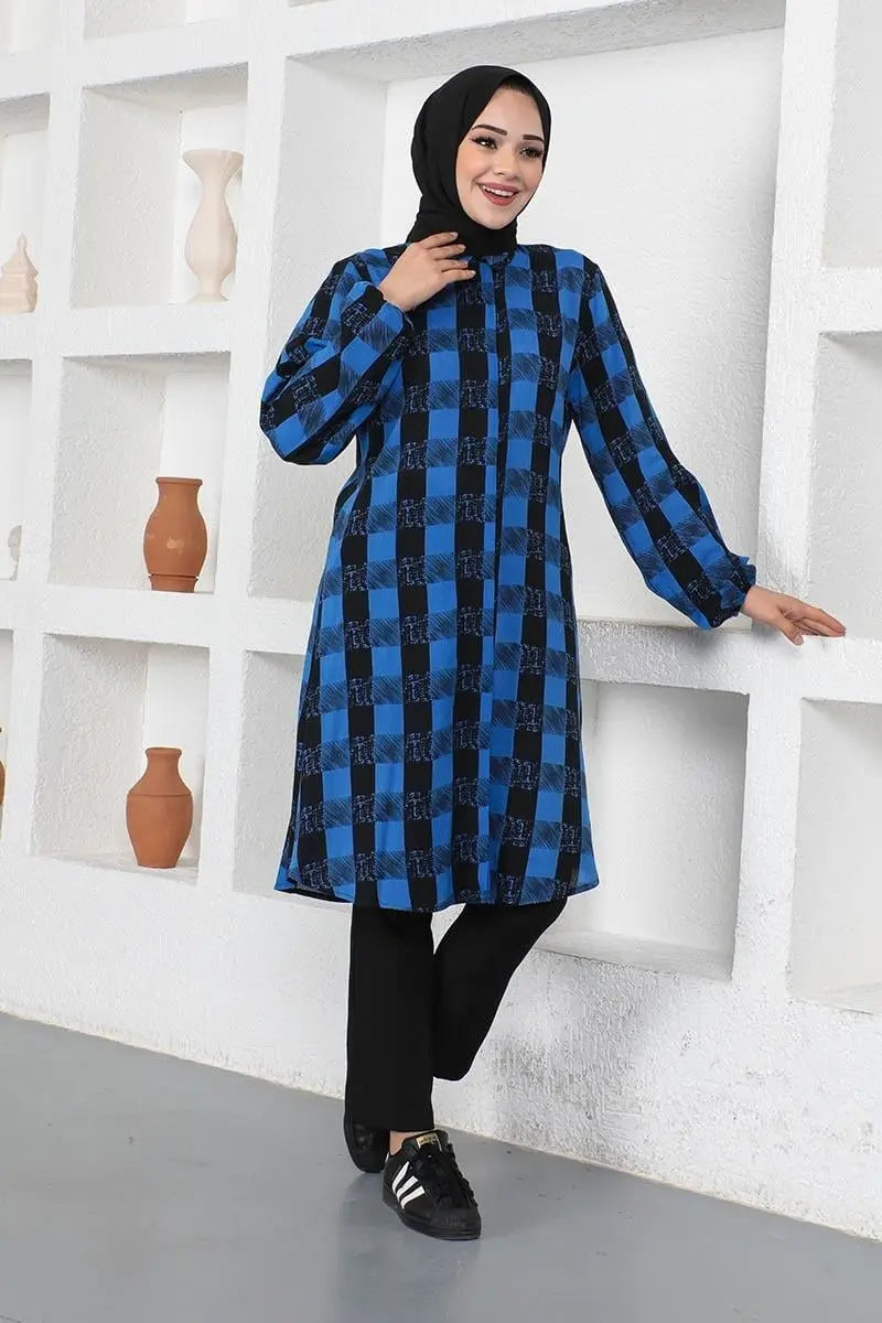 Plaid Viscose Modest Tunic-Saxe Blue, view 5