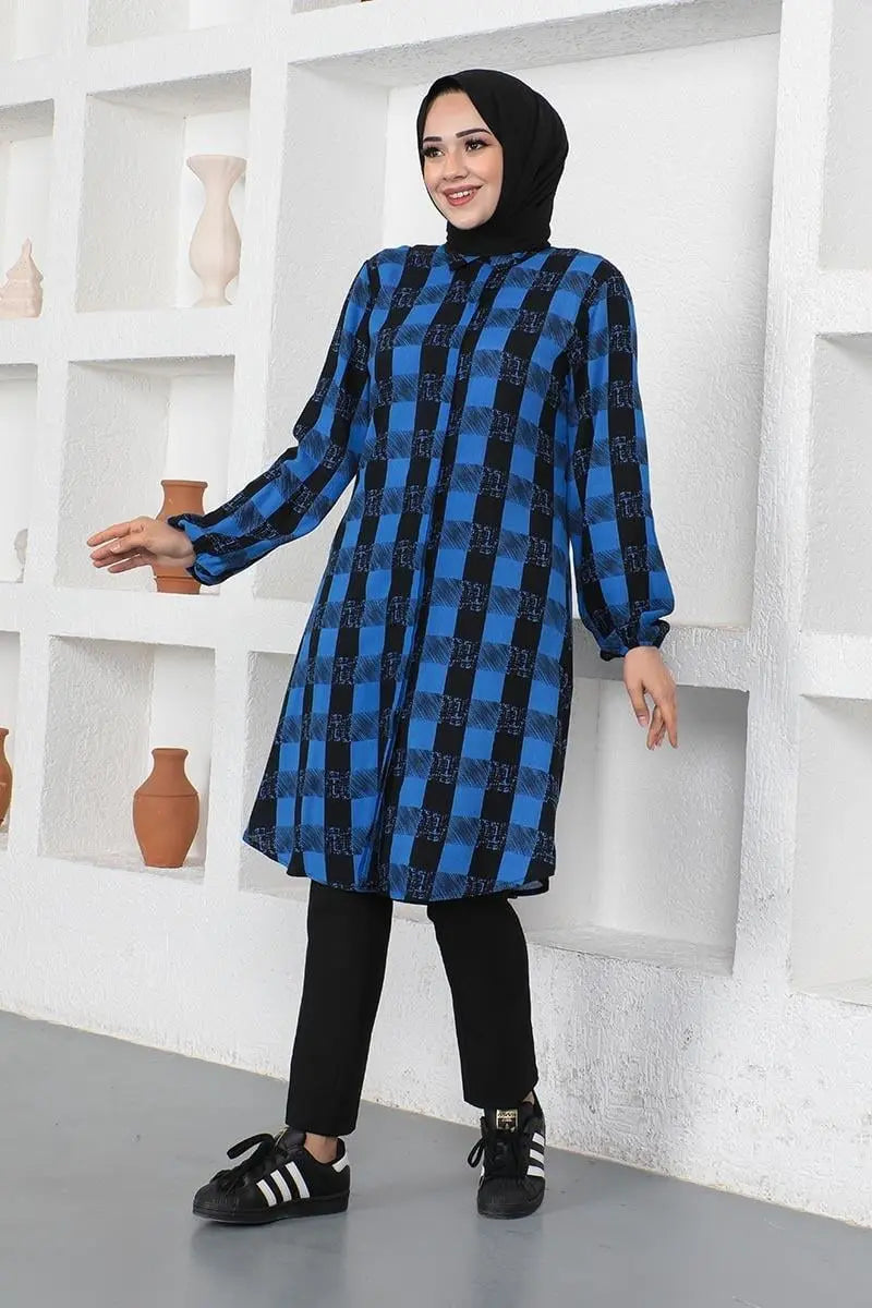 Plaid Viscose Modest Tunic-Saxe Blue, view 6