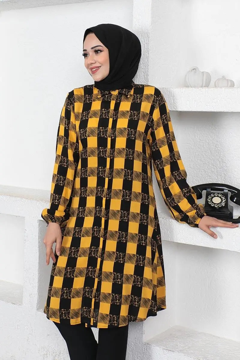 Plaid Viscose Modest Tunic Top – Mustard, view 2