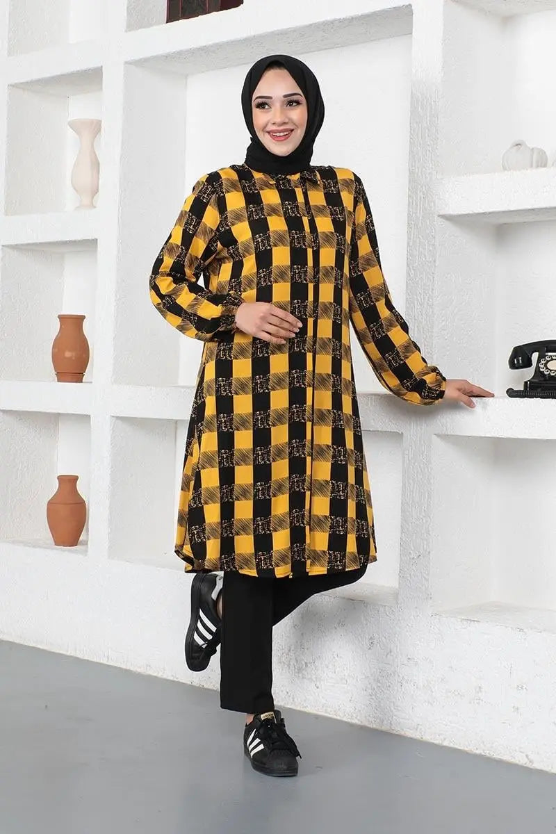 Plaid Viscose Modest Tunic Top – Mustard, view 3