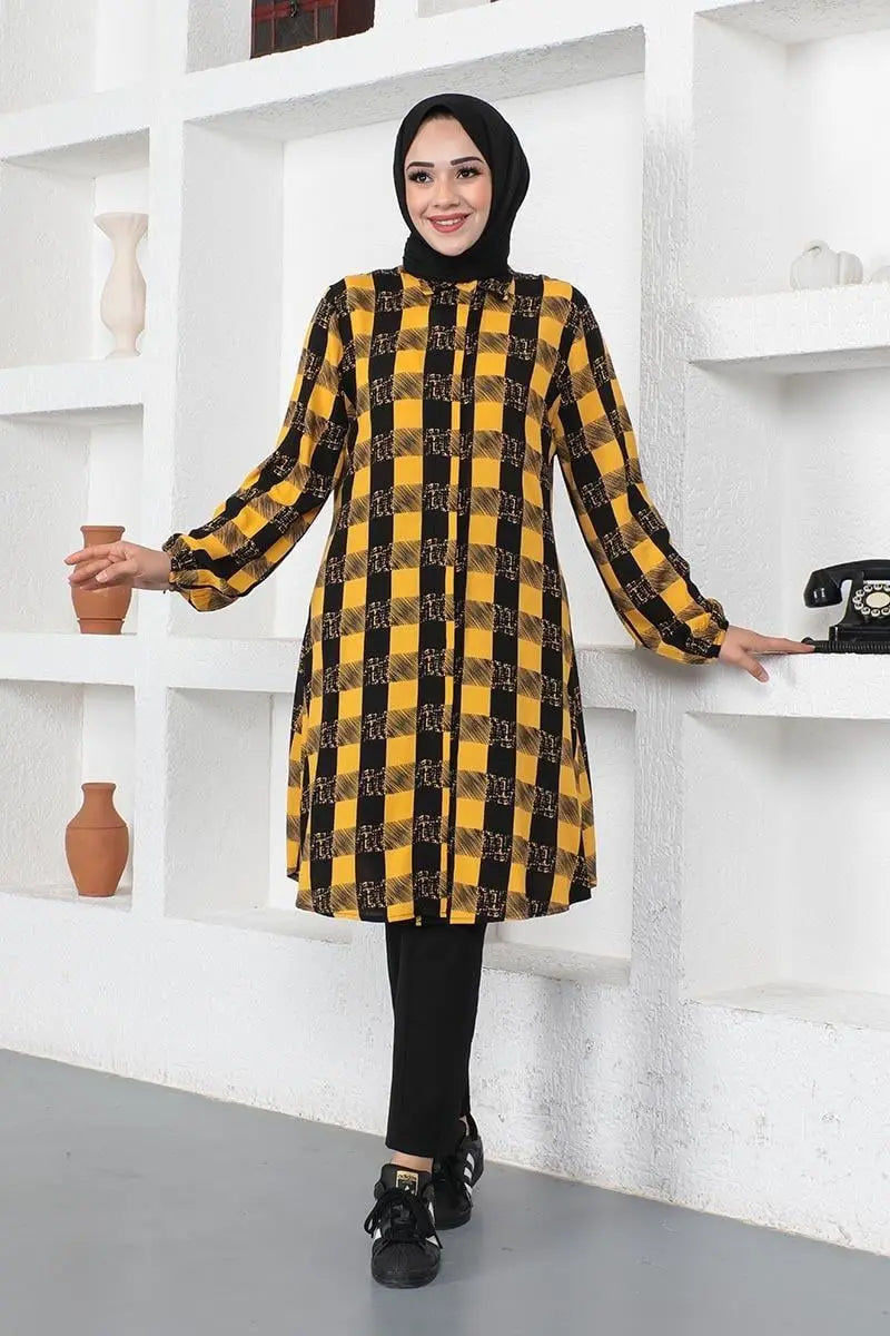 Plaid Viscose Modest Tunic Top – Mustard, view 4