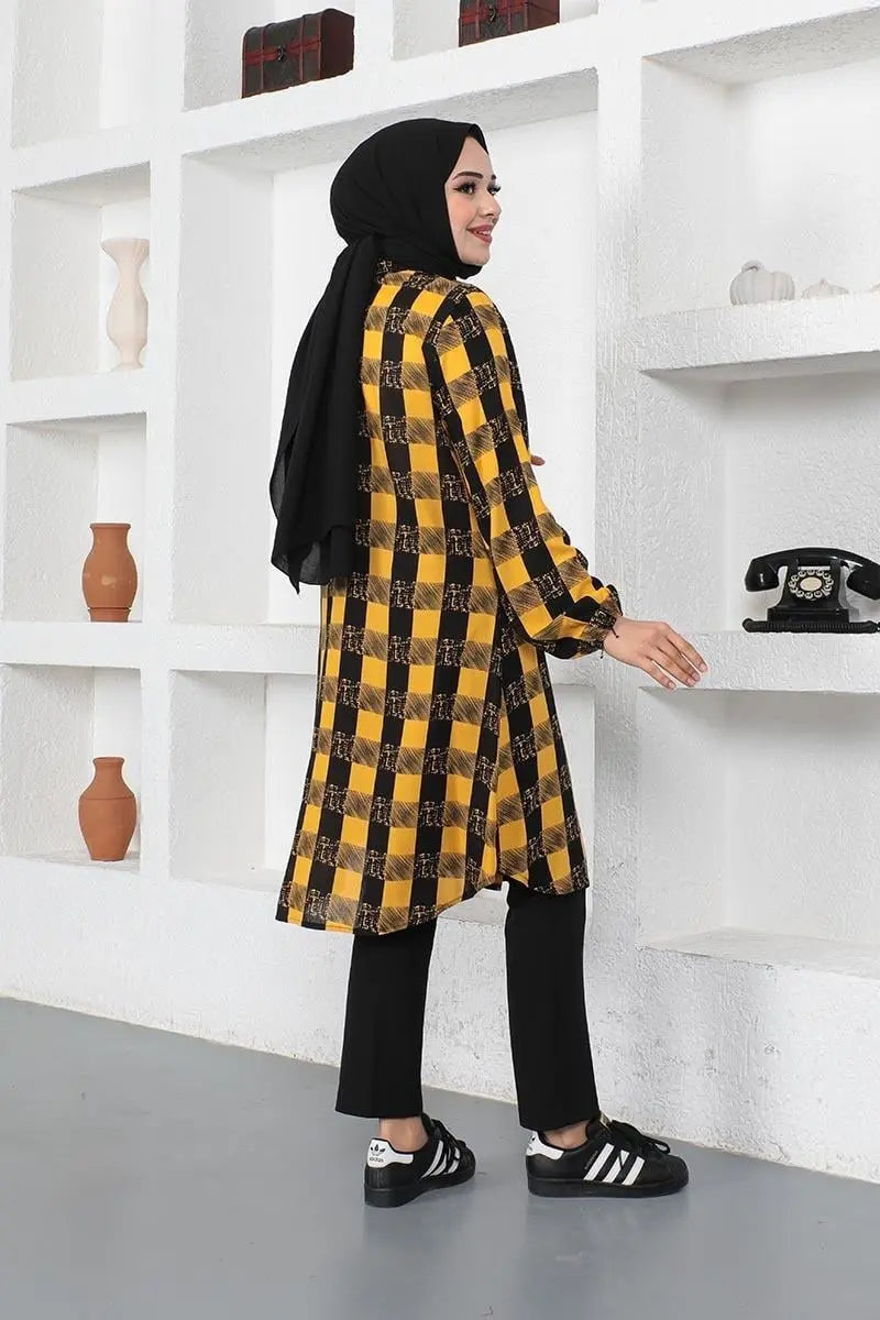 Plaid Viscose Modest Tunic Top – Mustard, view 5