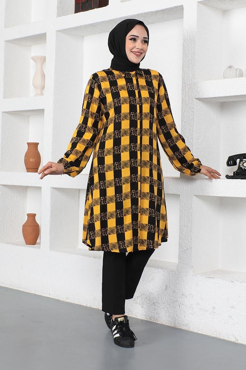 Plaid Viscose Modest Tunic Top – Mustard, view 6
