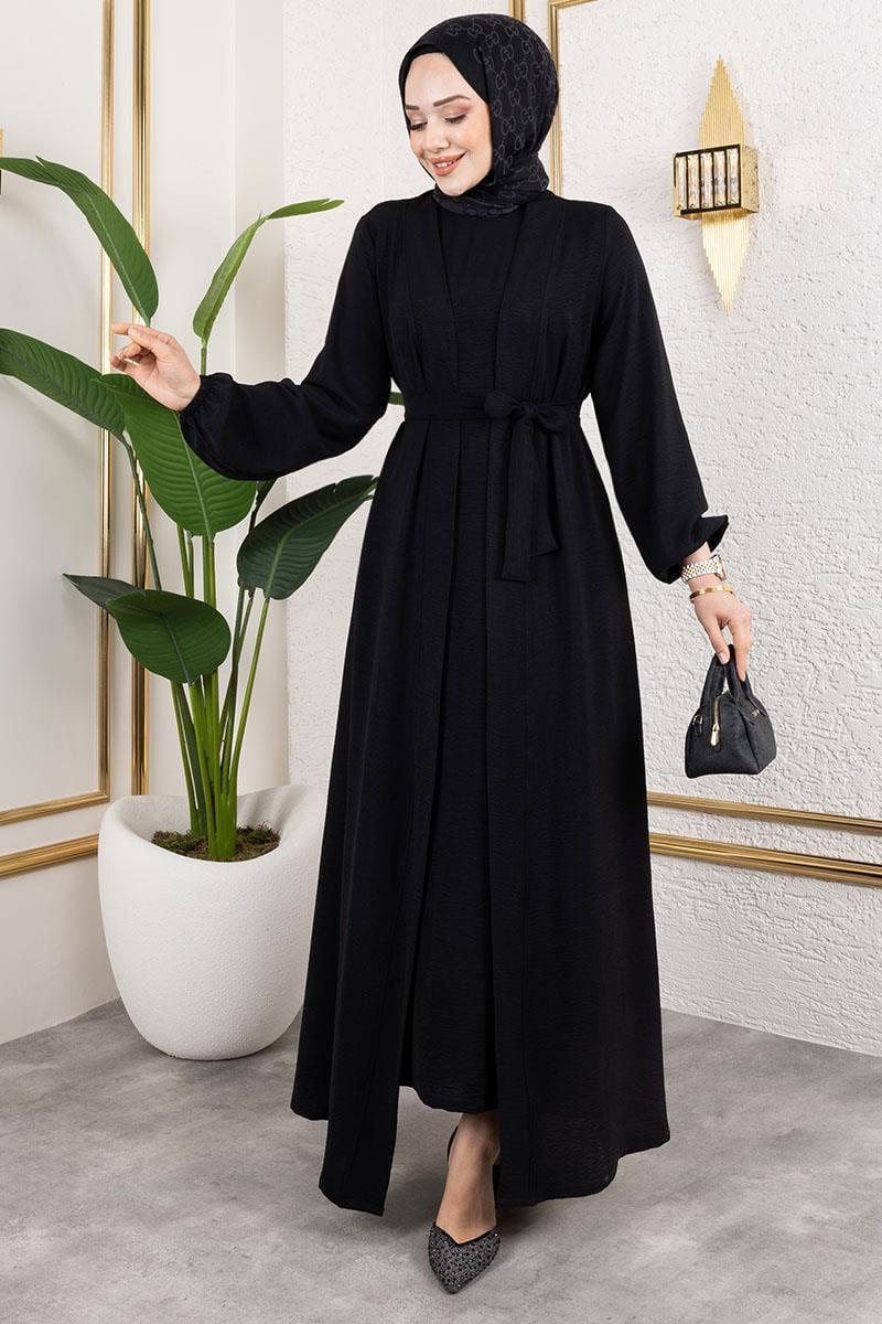 Black Aerobin Abaya Set with Belt by NEOMODEST