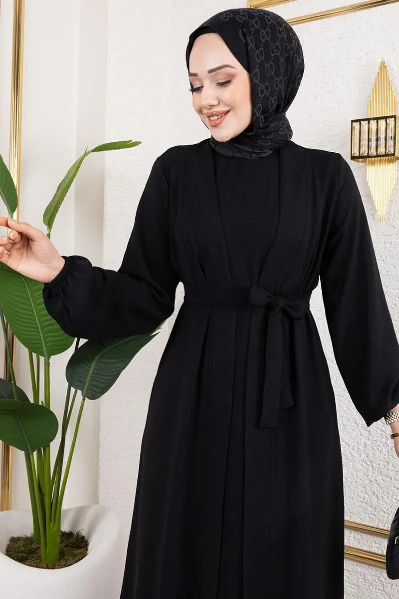 Black Aerobin Abaya Set with Belt, view 2