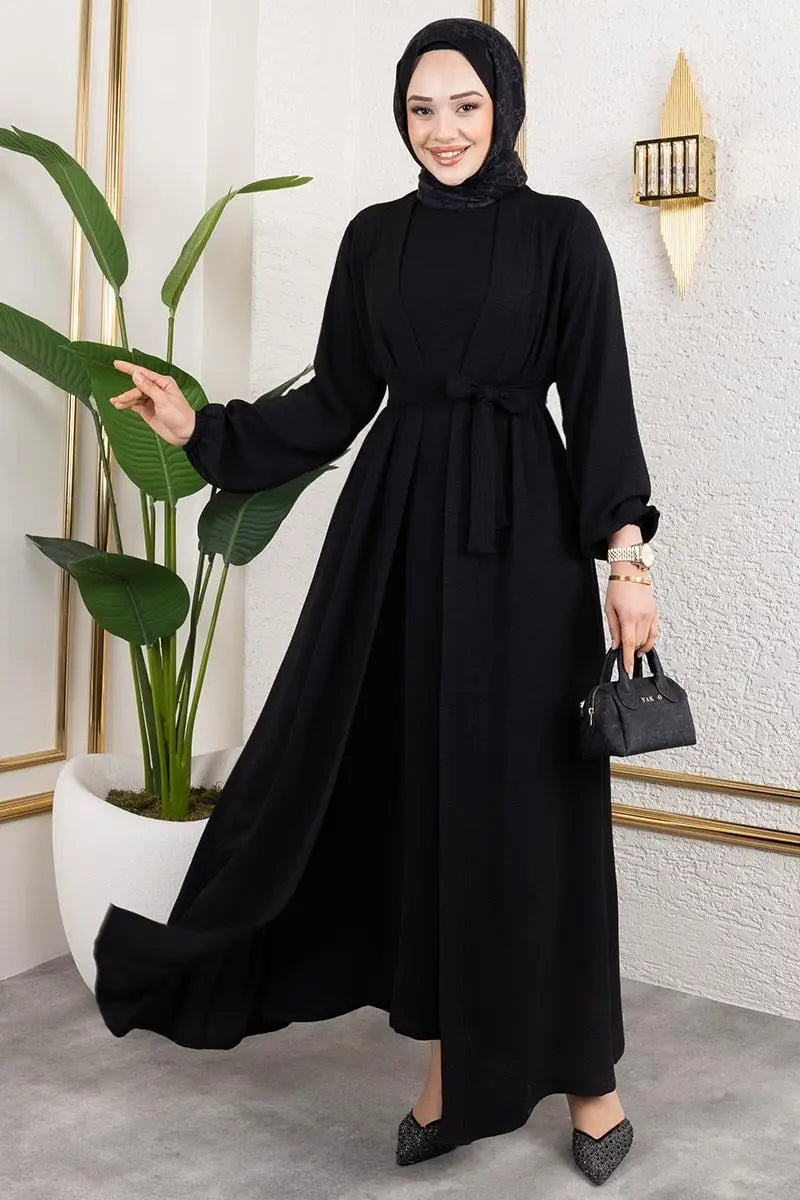 Black Aerobin Abaya Set with Belt, view 3