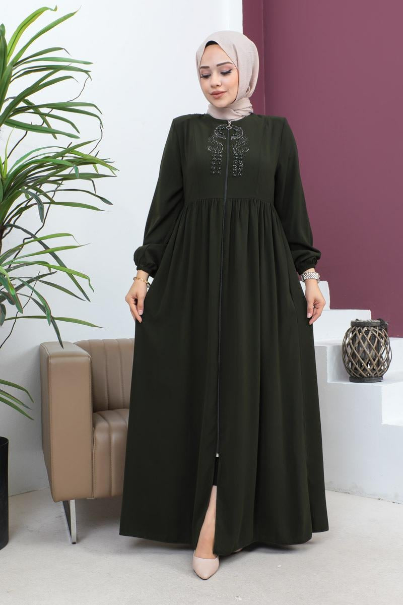 Beaded Embroidered Abaya| Khaki by NEOMODEST