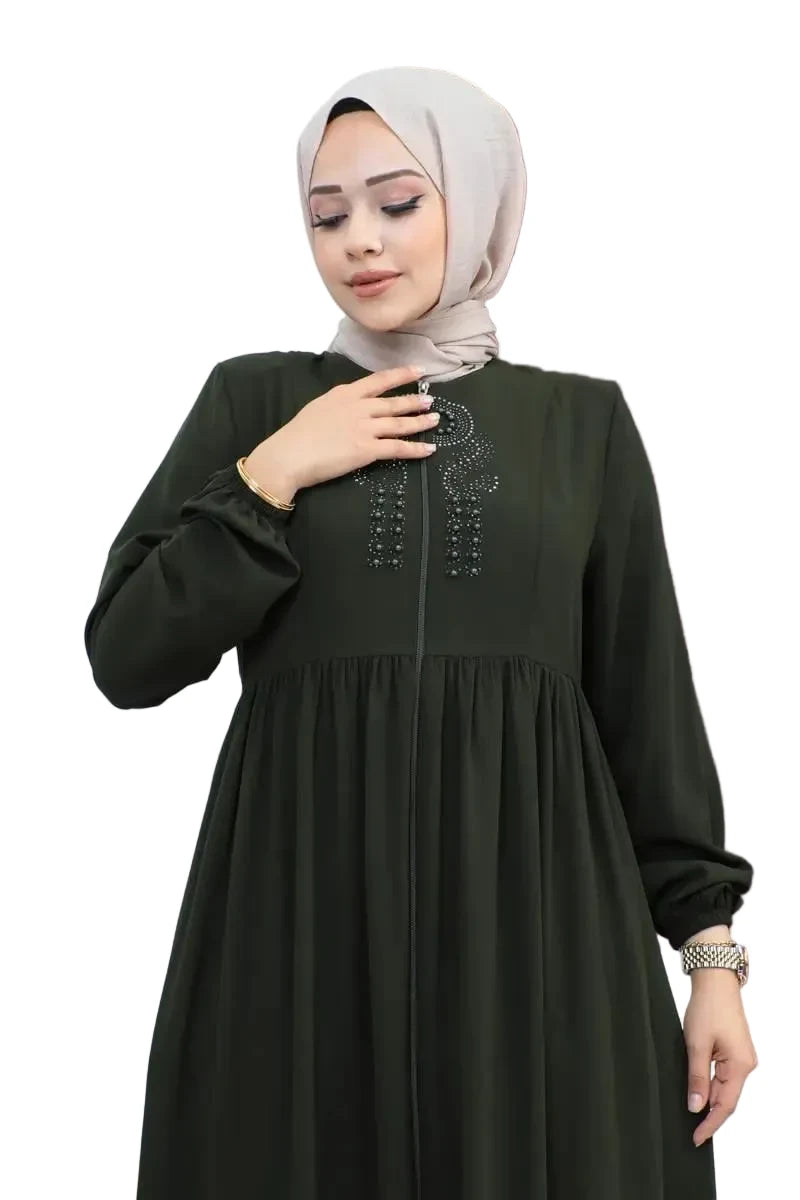 Beaded Embroidered Abaya| Khaki, view 2