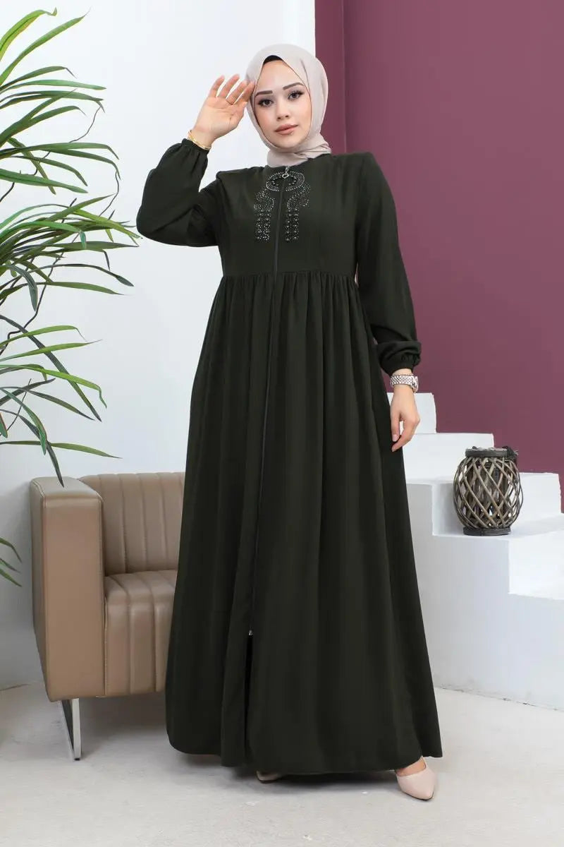 Beaded Embroidered Abaya| Khaki, view 3