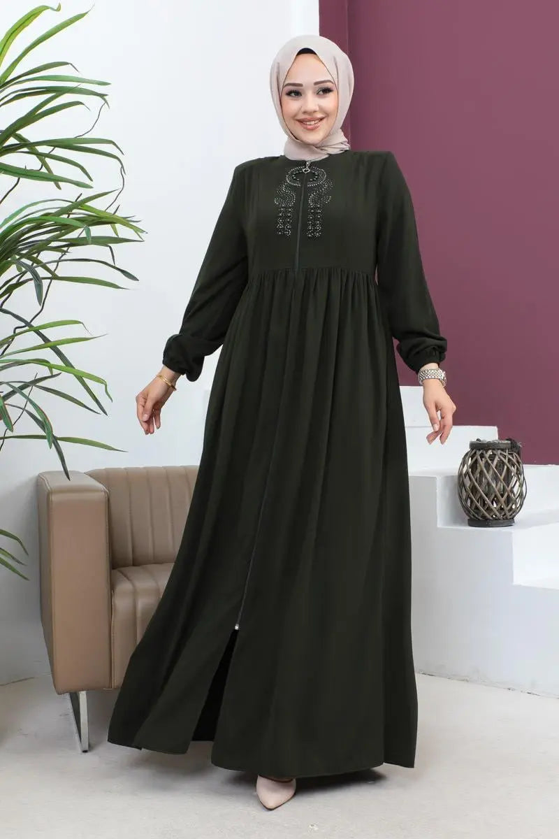 Beaded Embroidered Abaya| Khaki, view 5
