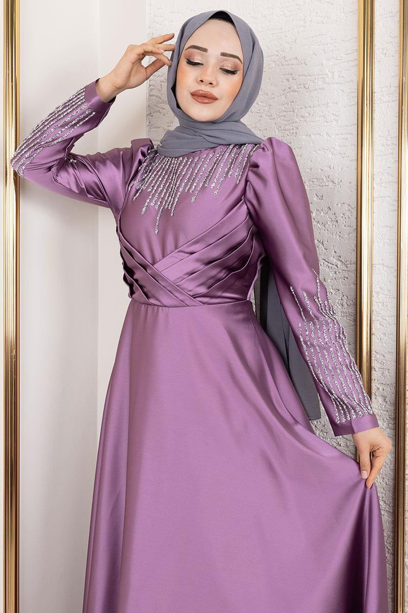 Satin Stone-Embellished Evening Dress, view 2