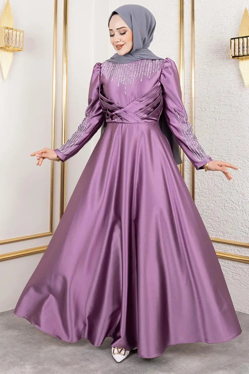 Satin Stone-Embellished Evening Dress, view 3