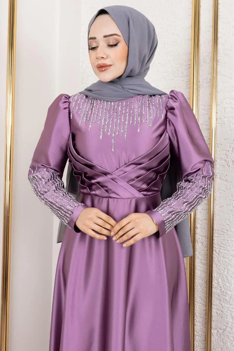 Satin Stone-Embellished Evening Dress, view 4