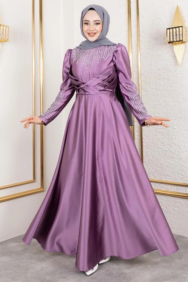 Satin Stone-Embellished Evening Dress, view 5