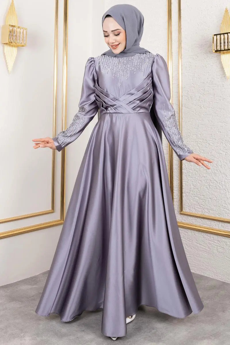 Satin Stone-Embellished Evening Dress, view 2