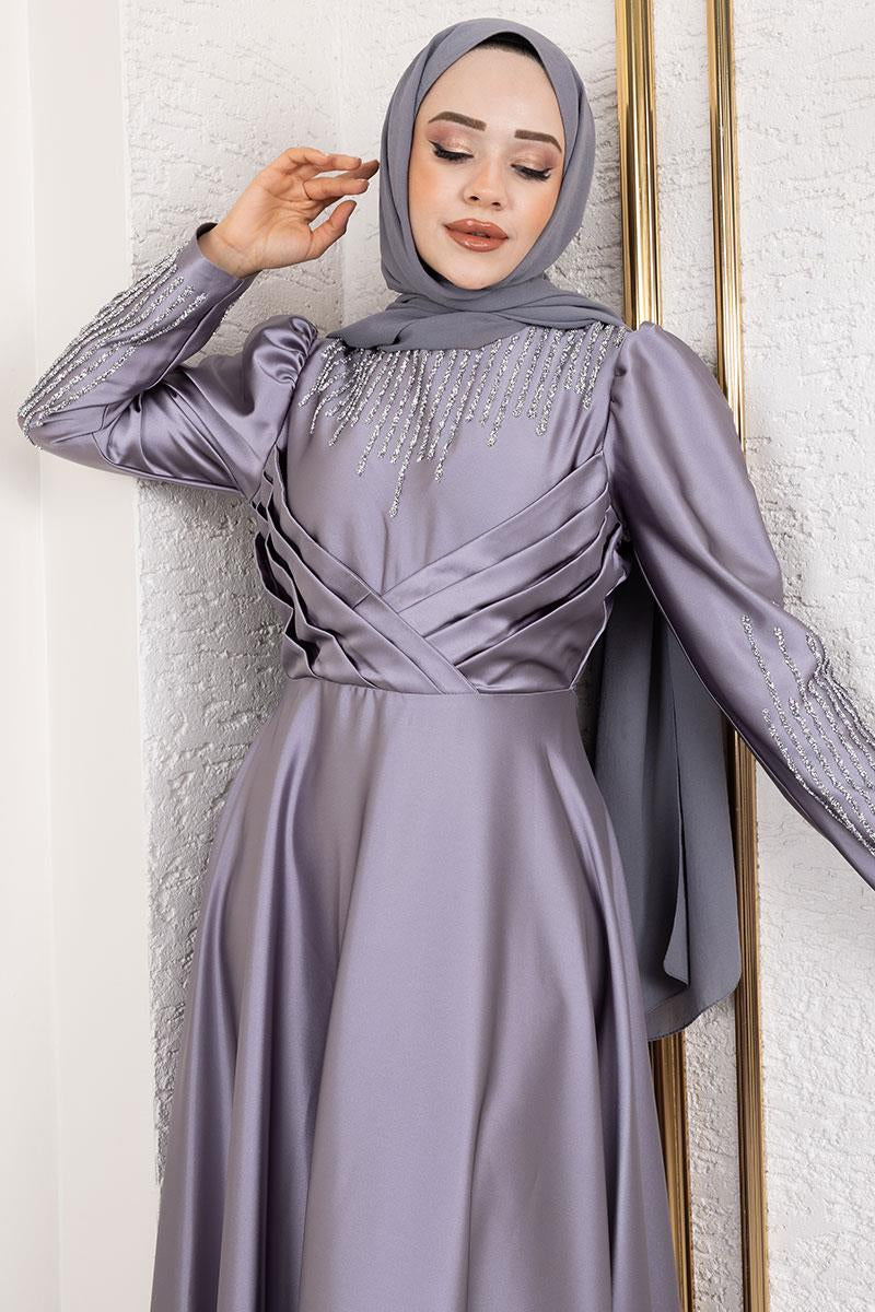 Satin Stone-Embellished Evening Dress, view 3