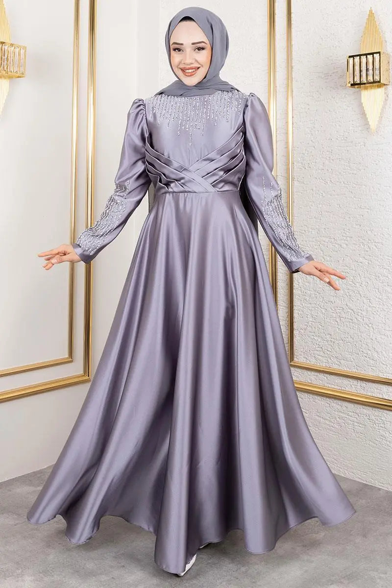 Satin Stone-Embellished Evening Dress, view 4
