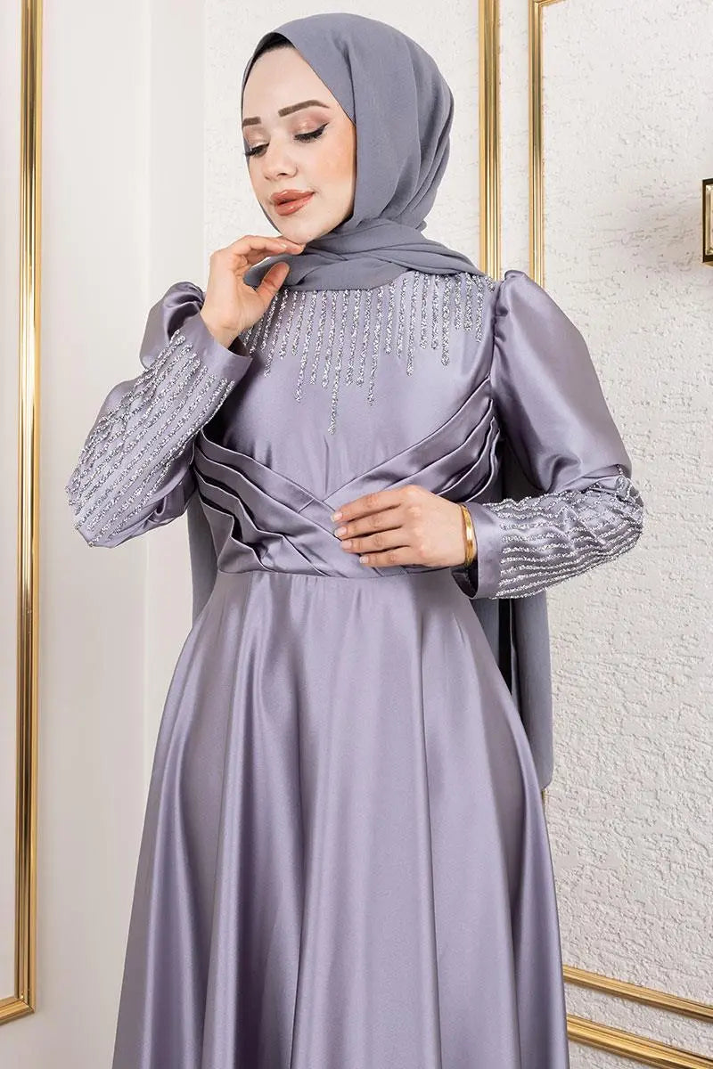 Satin Stone-Embellished Evening Dress, view 5