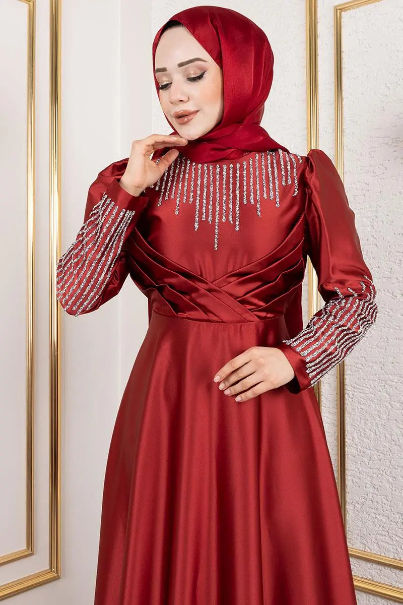 Satin Stone-Embellished Evening Dress, view 2