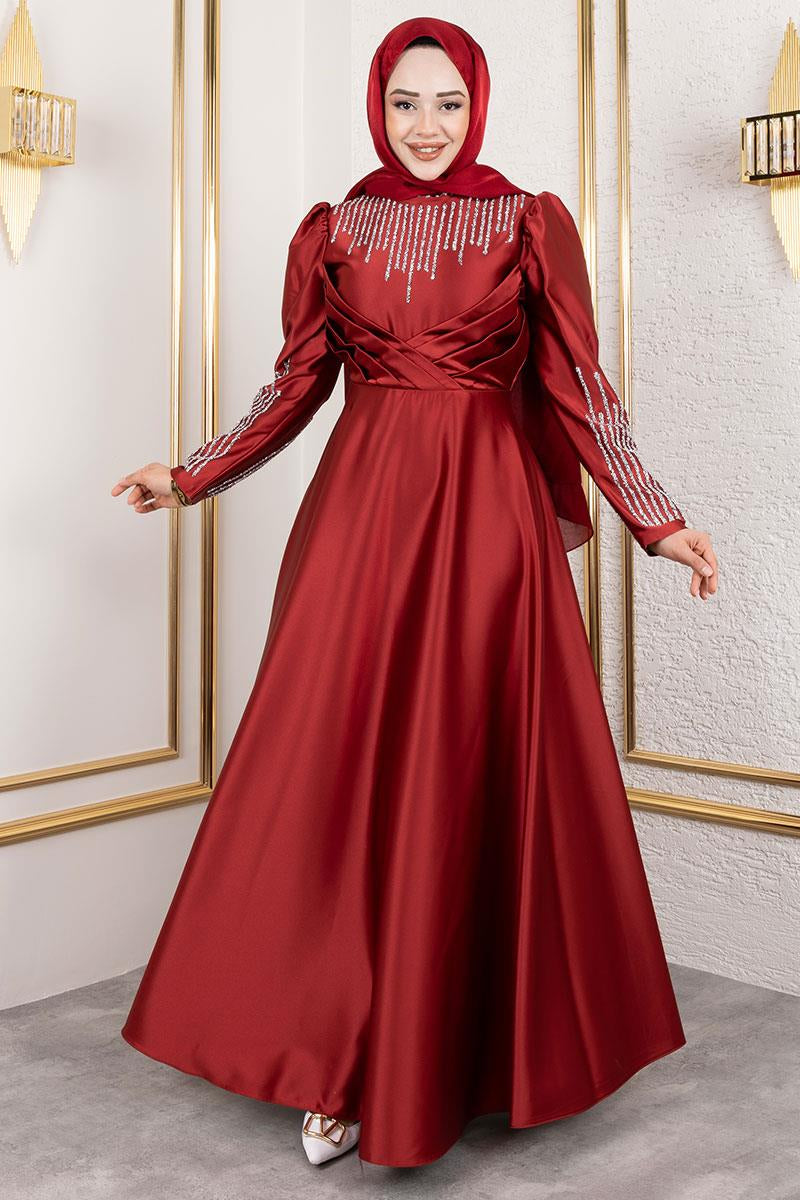 Satin Stone-Embellished Evening Dress, view 3