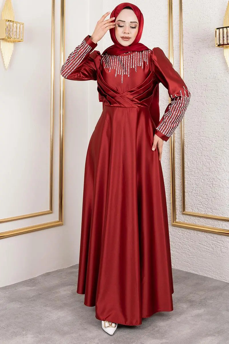 Satin Stone-Embellished Evening Dress, view 4