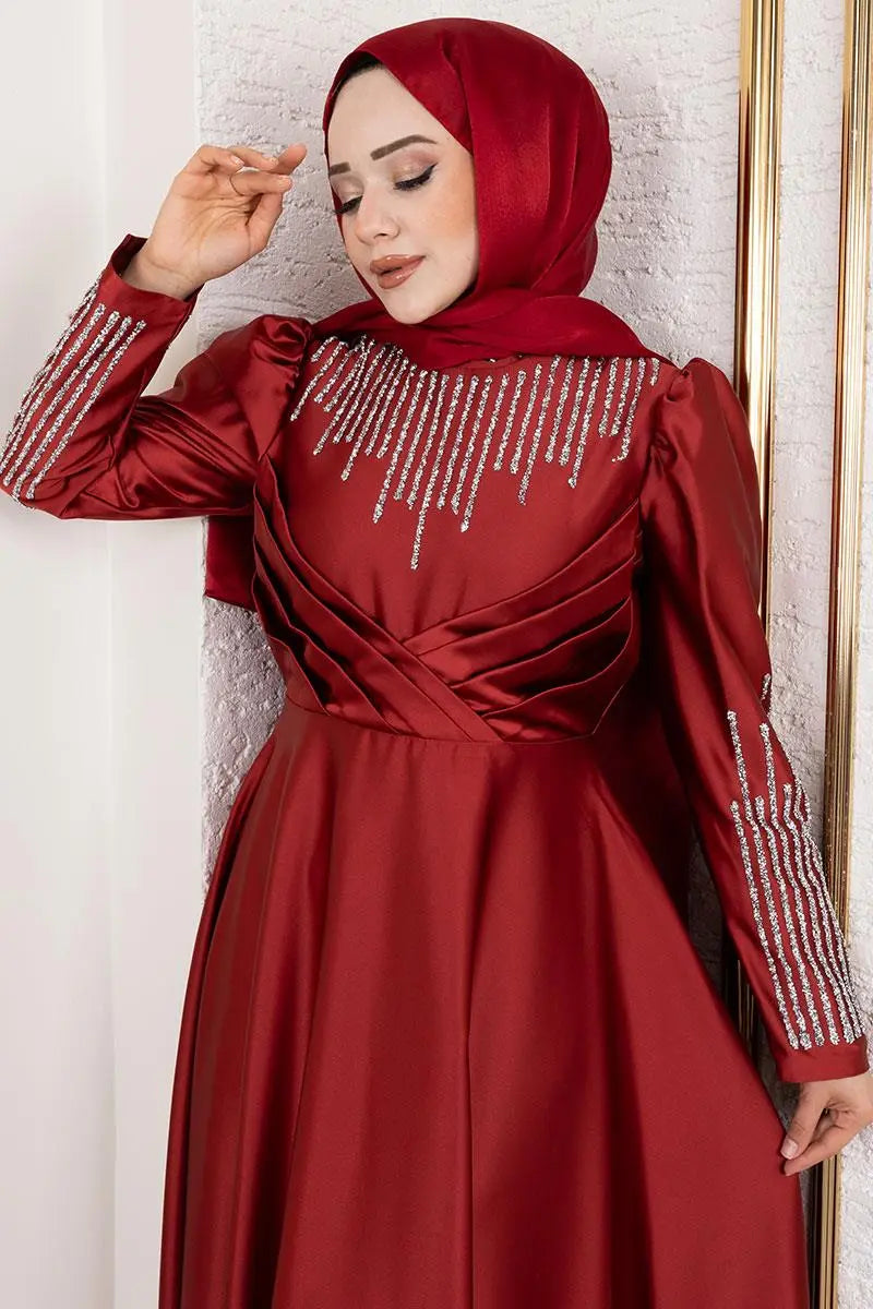 Satin Stone-Embellished Evening Dress, view 5