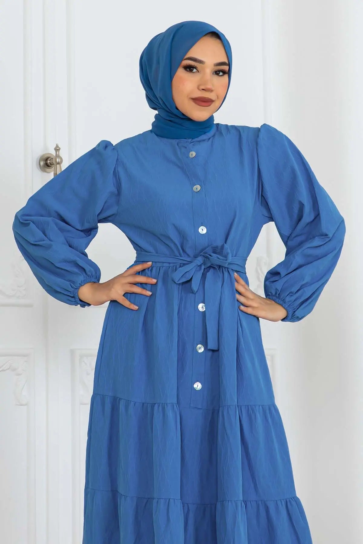 Layered Modest Dress with Button Detail, view 2