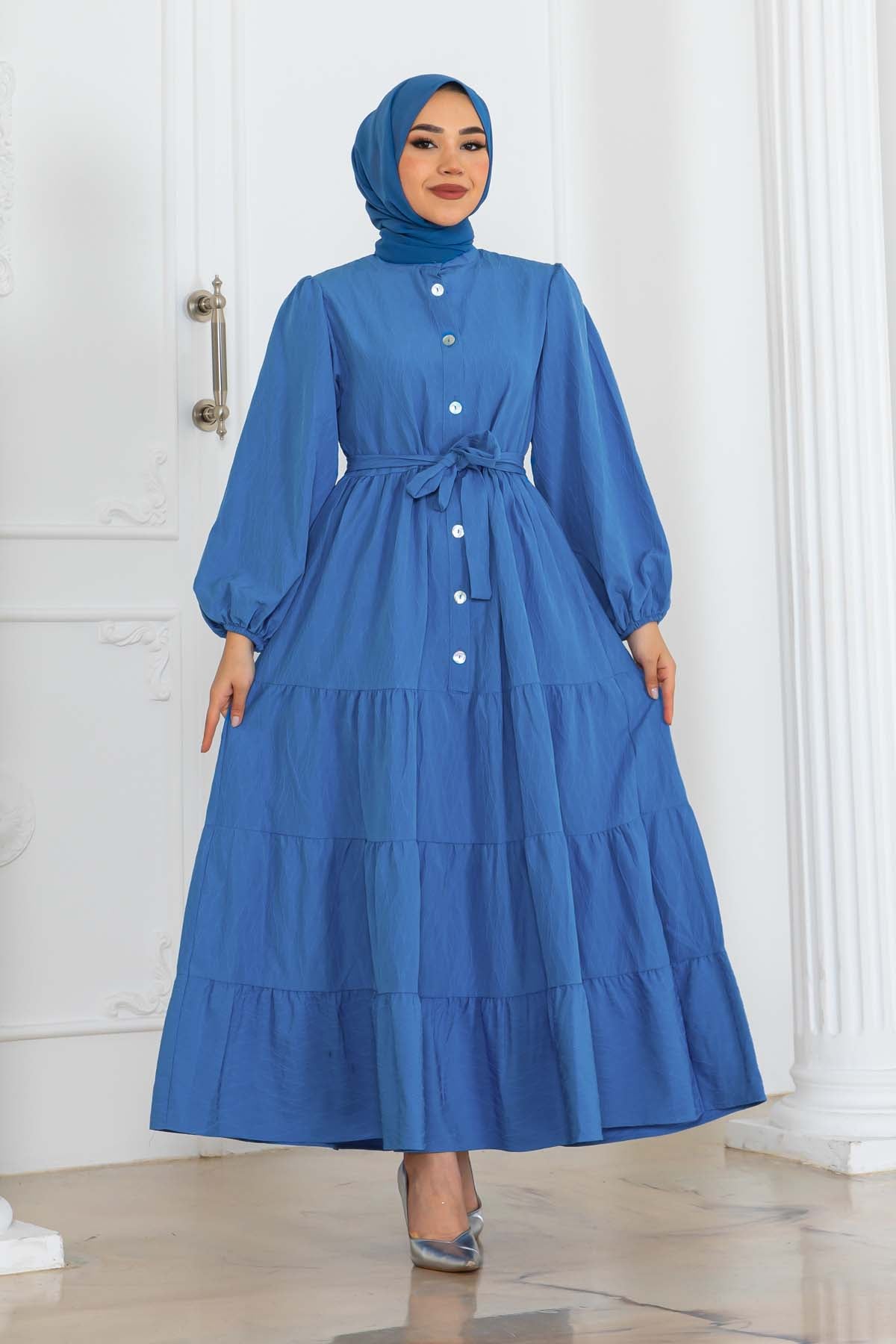 Layered Modest Dress with Button Detail, view 3