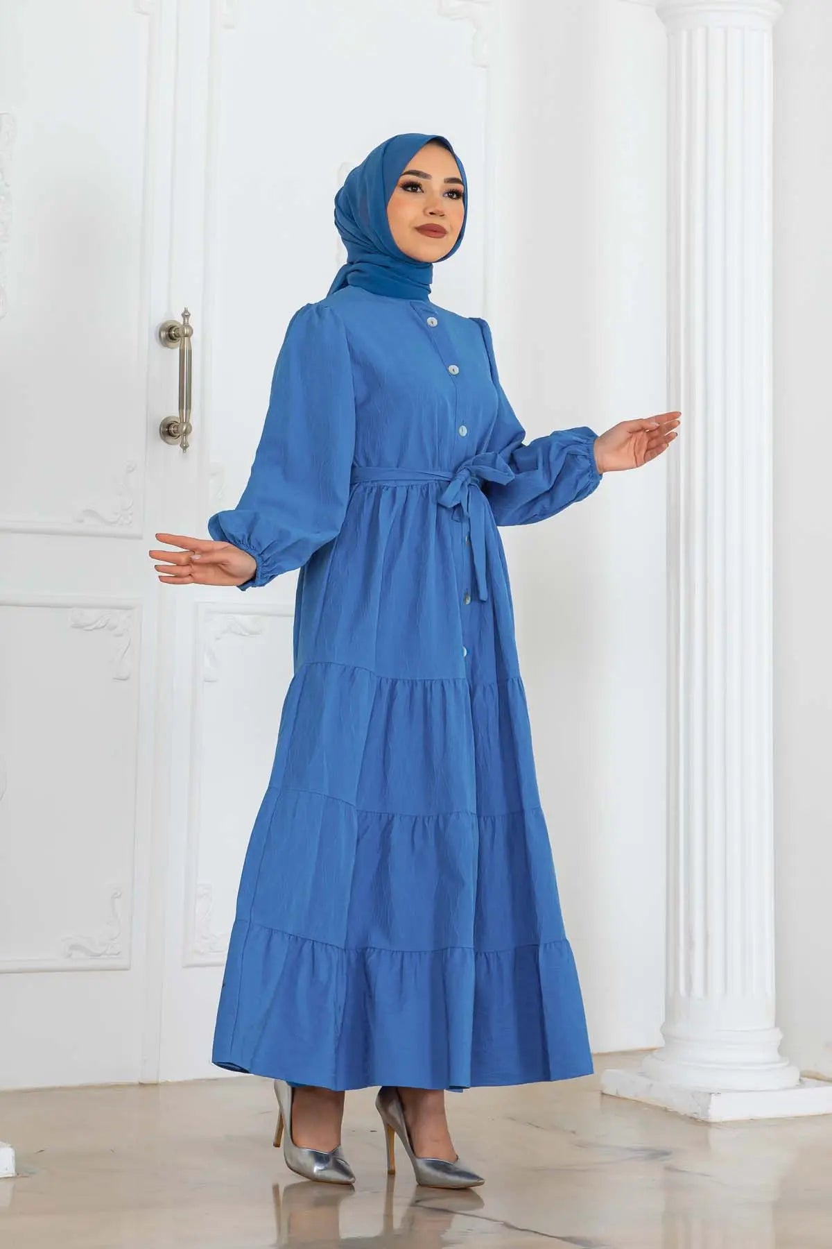 Layered Modest Dress with Button Detail, view 5