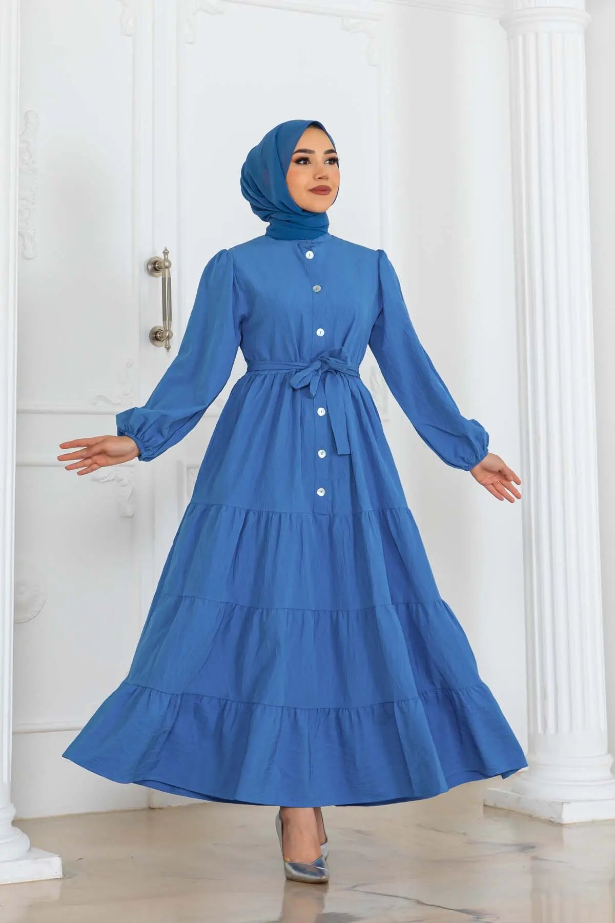 Layered Modest Dress with Button Detail, view 6