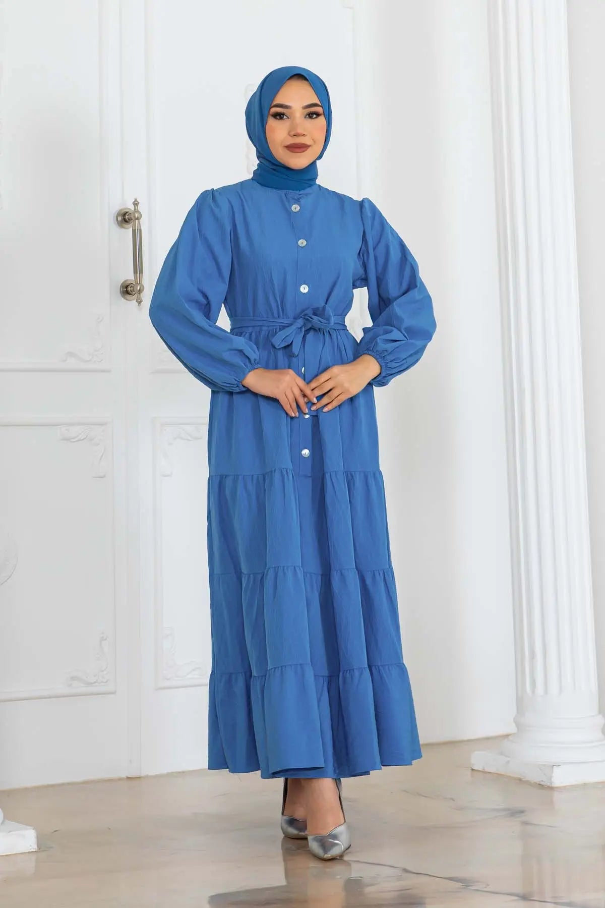 Layered Modest Dress with Button Detail, view 7