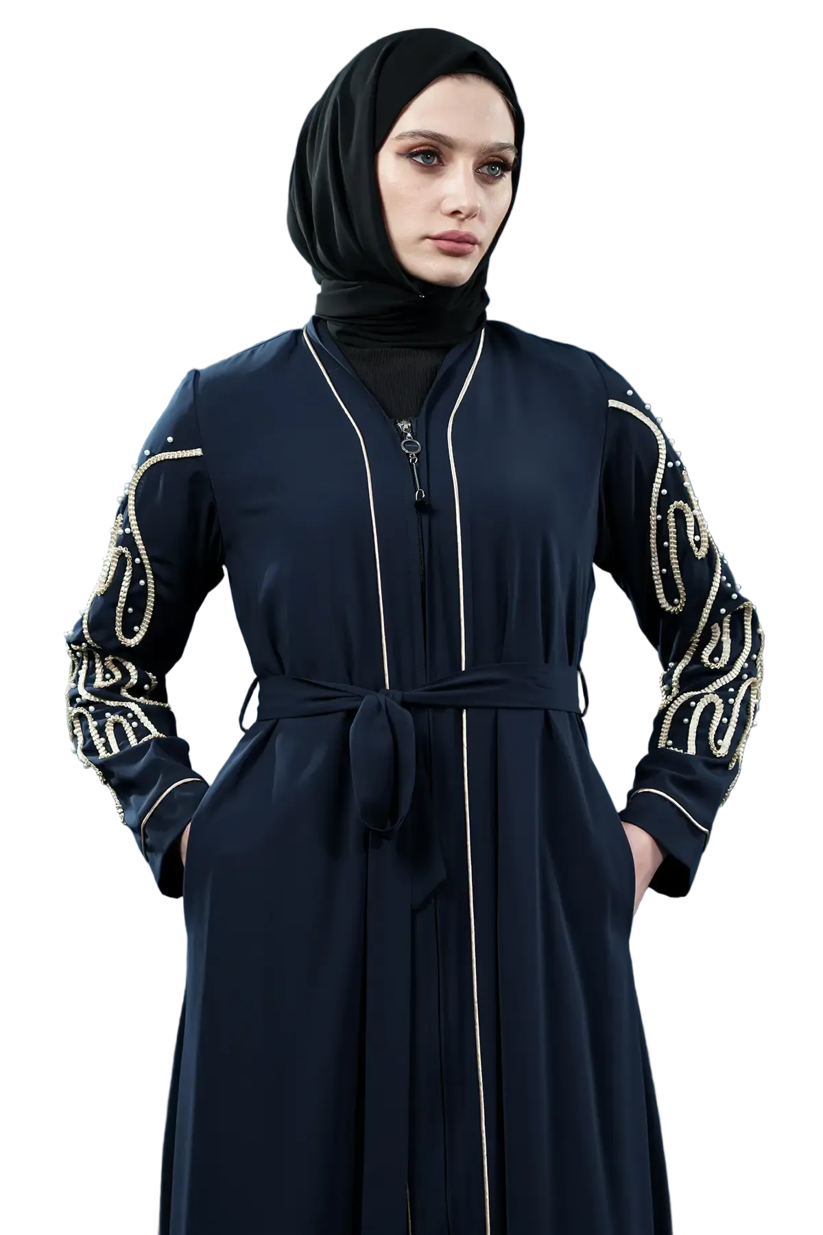 Zippered Pearl Embellished Abaya, view 2