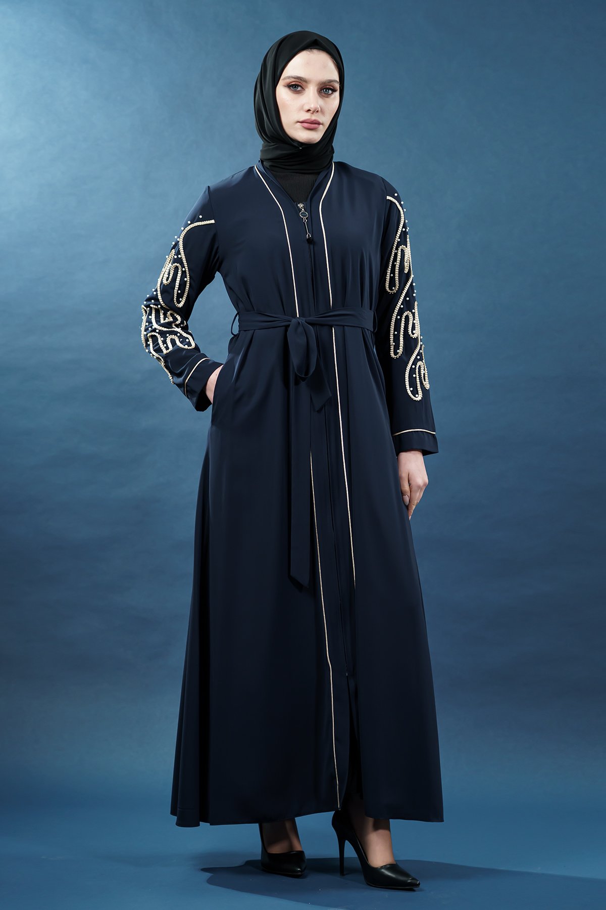 Zippered Pearl Embellished Abaya, view 3